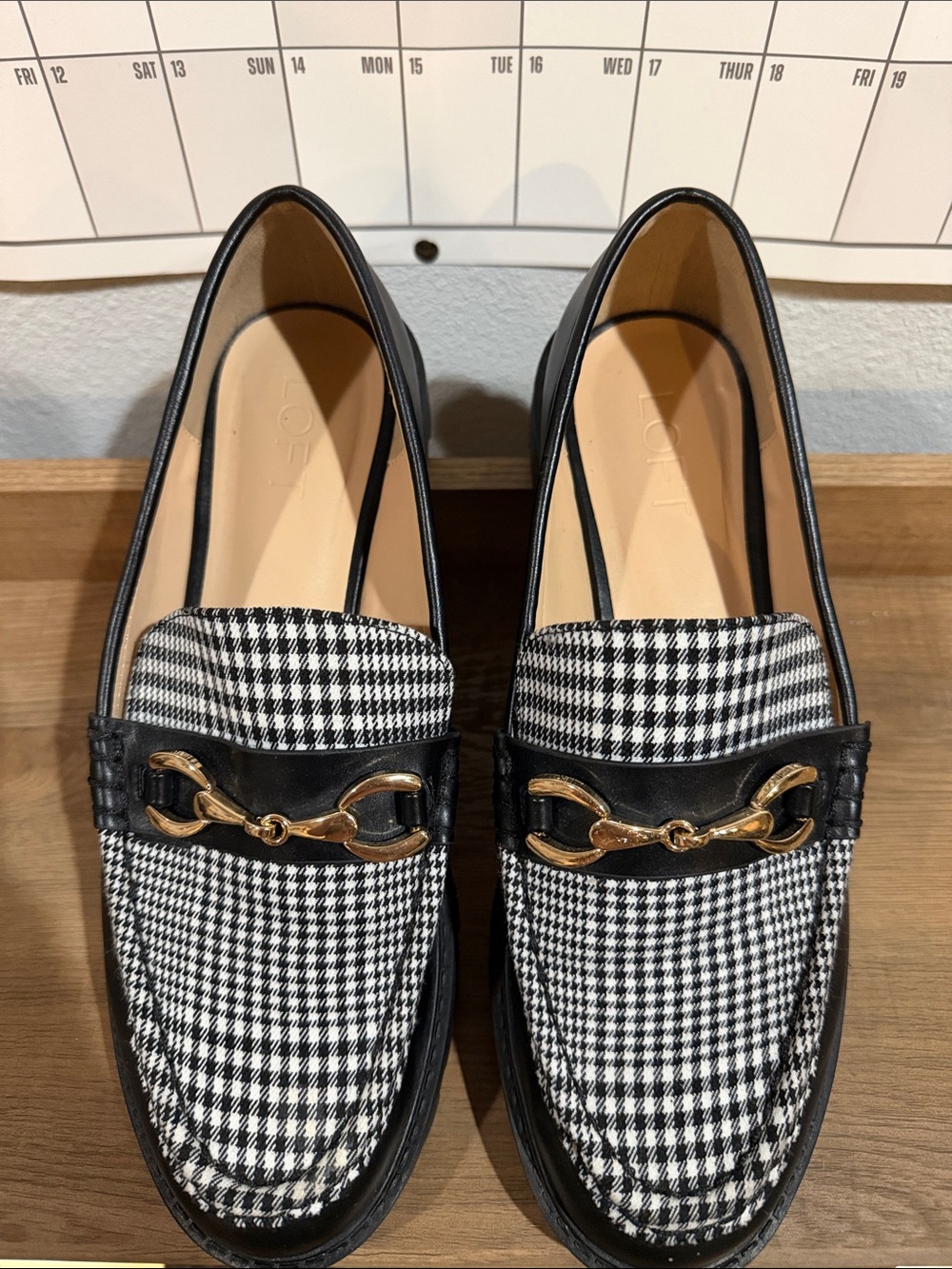 LOFT Black & White Houndstooth Leather-Trim Loafers with Gold Bit